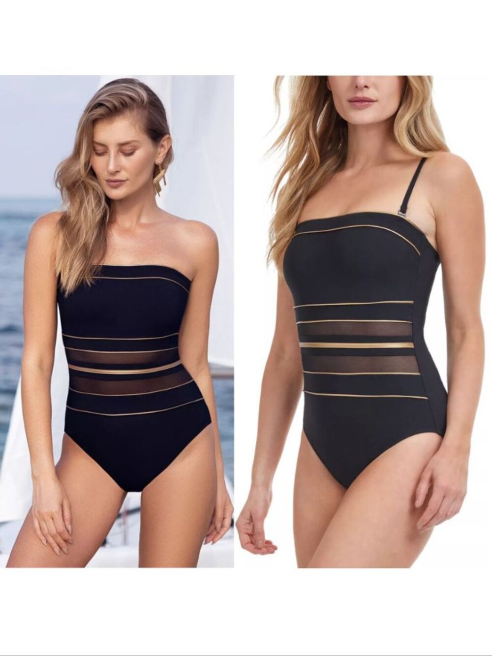Gottex Onyx Bandeau Strapless One Piece Swimsuit Size 8 Black Gold Mesh NEW
